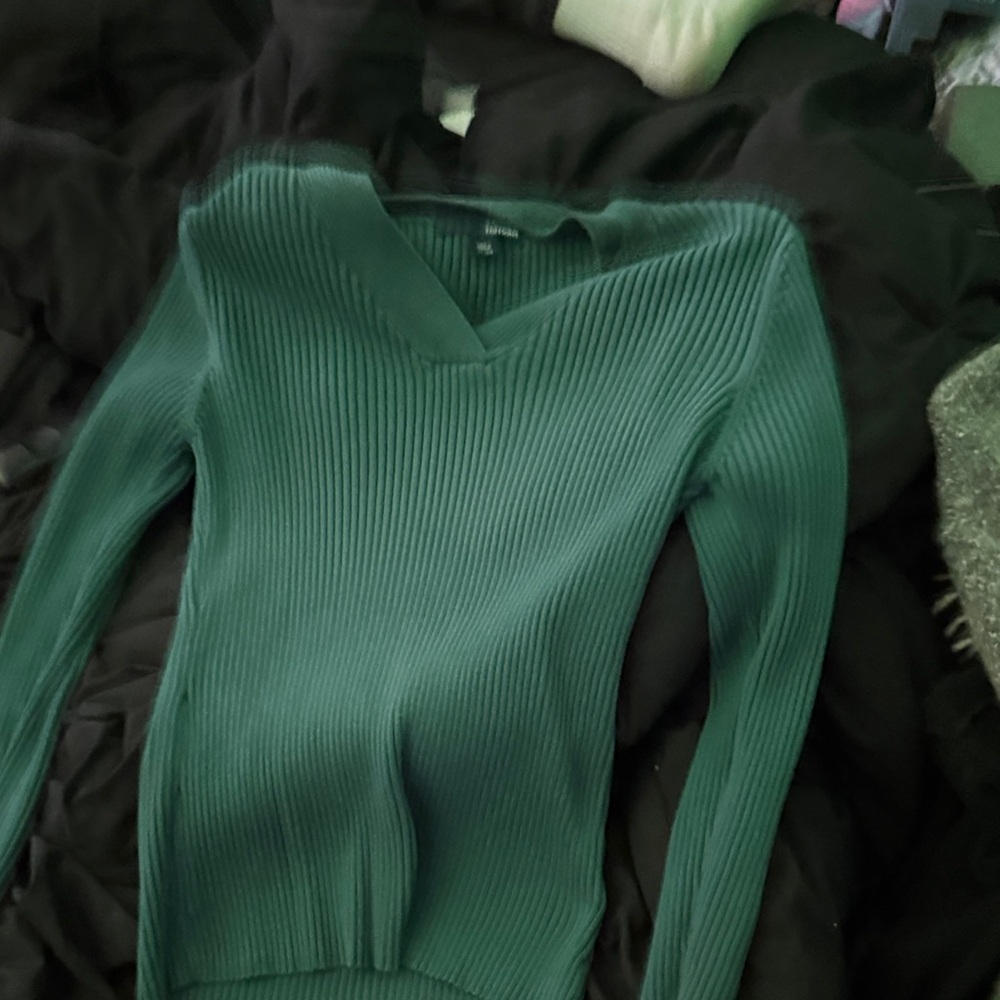 Basic Editions Teal V-Neck Ribbed Sweater
